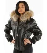 Pelle Pelle Women Black Encrusted Fur Hood Leather Jacket