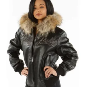 Pelle Pelle Women Black Encrusted Fur Hood Leather Jacket