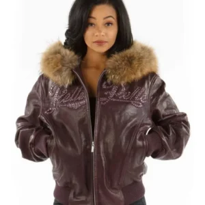 Pelle Pelle Women Purple Encrusted Fur Hood Leather Jacket